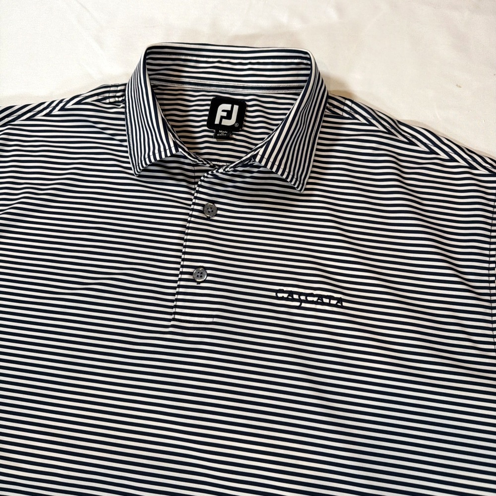 FootJoy Polo Shirt Mens XL Navy White Striped Short Sleeve Golf Performance Logo
